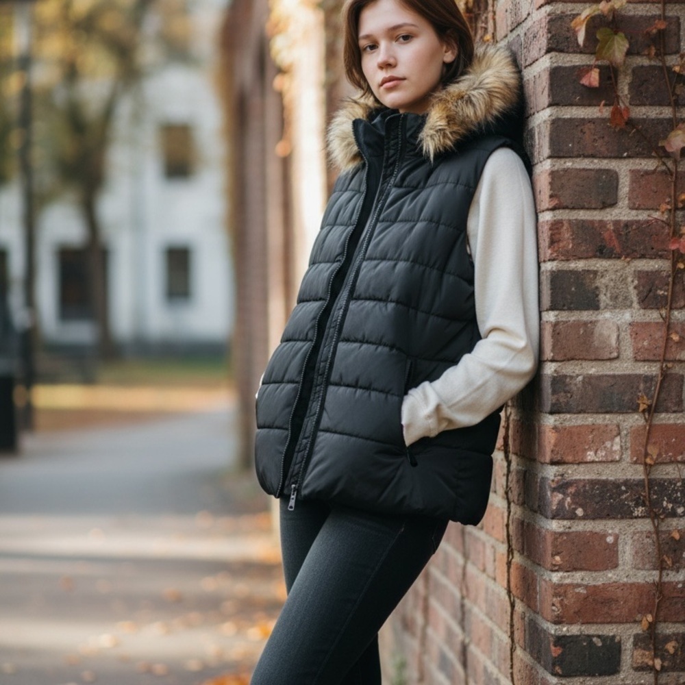 Black Puffer Vest with Faux Fur Trim with Removable Hood size XL
